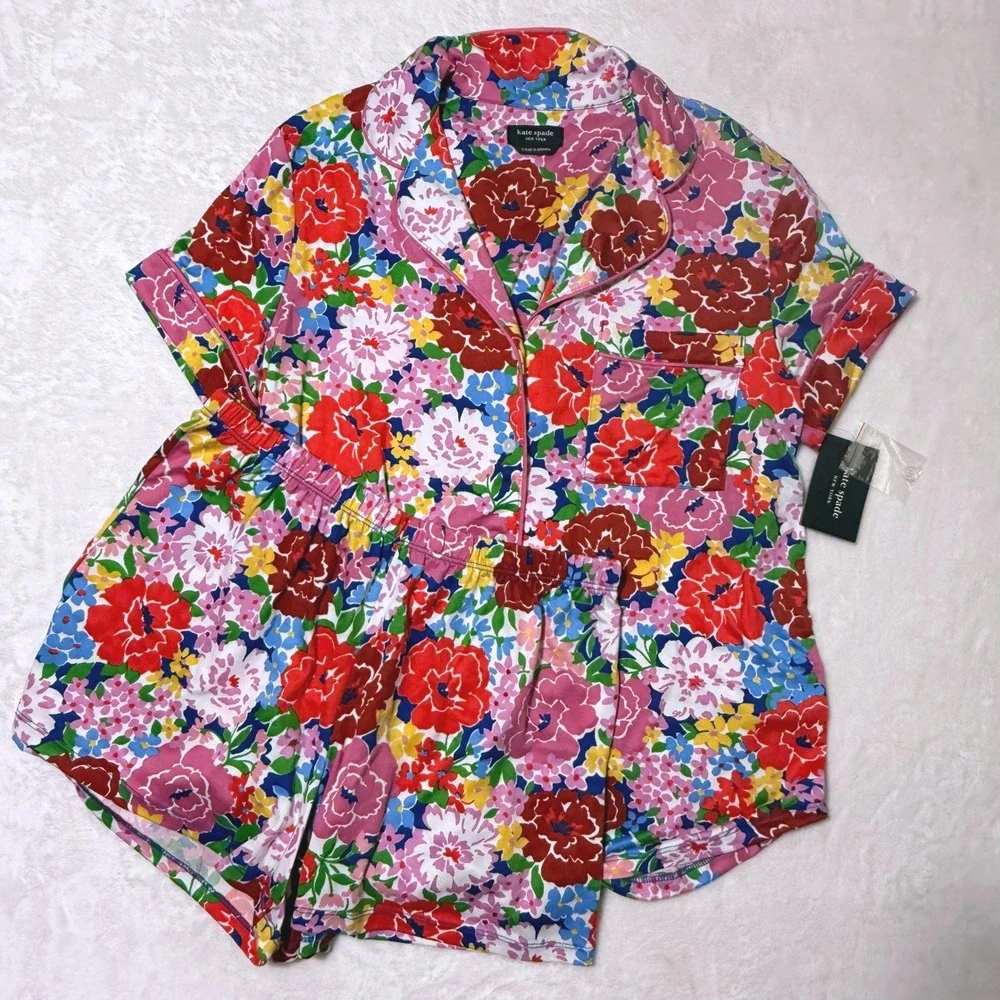 Kate Spade Multicolor Floral Pajama Set Small Short Sleeve Button Front - New